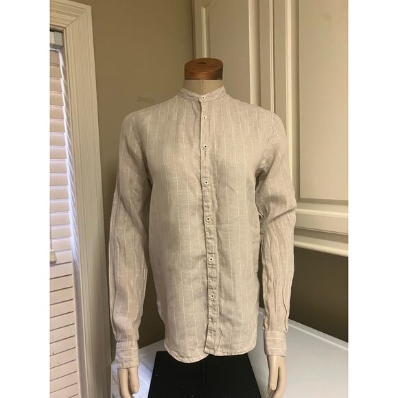 Clayton Linen Company Linen Top, Collarless, Medium, Beige, Button Up, Long Slee - Picture 1 of 4